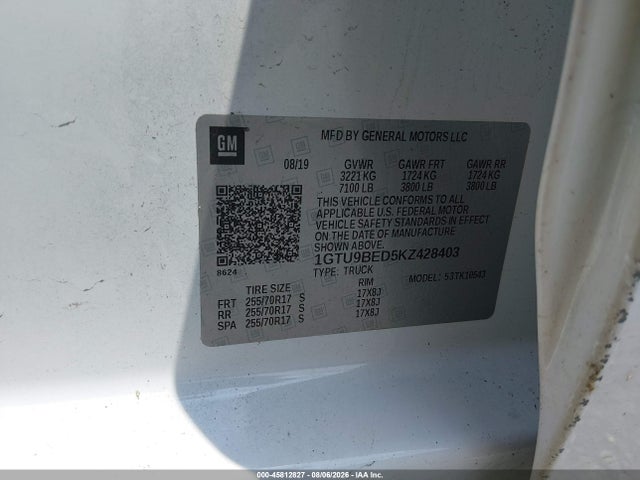 45812827 :رقم المزاد ، 1GTU9BED5KZ428403 vin ، 2019 Gmc Sierra 1500 Sle مزاد بيع
