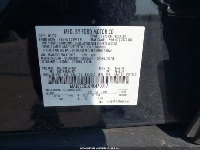 2022 Ford Ecosport Se მანქანა იყიდება აუქციონზე, vin: MAJ6S3GL6NC470017, აუქციონის ნომერი: 45812847