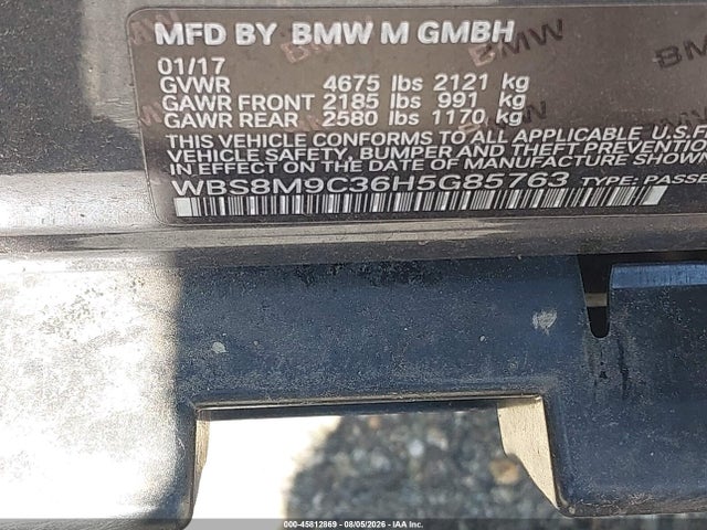 45812869 :رقم المزاد ، WBS8M9C36H5G85763 vin ، 2017 Bmw M3 مزاد بيع