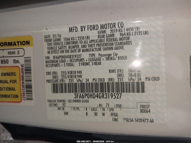 Ford FUSION SE 2016 3FA6P0HD4GR319527 Image 9