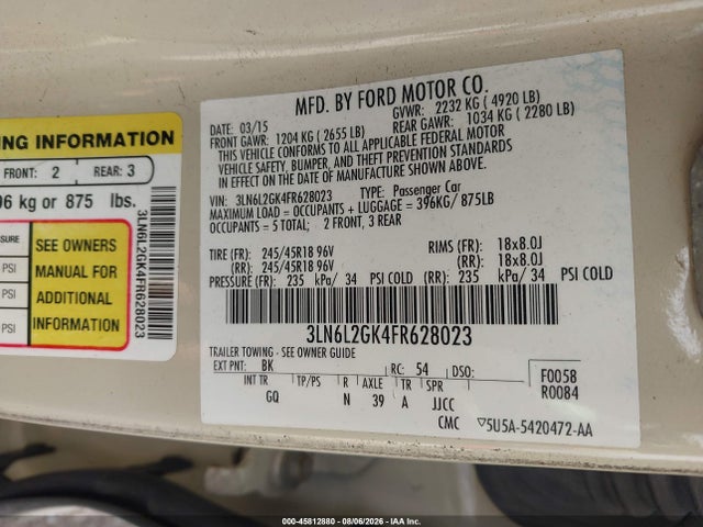 Продаж на аукціоні авто 2015 Lincoln Mkz, vin: 3LN6L2GK4FR628023, номер лоту: 45812880