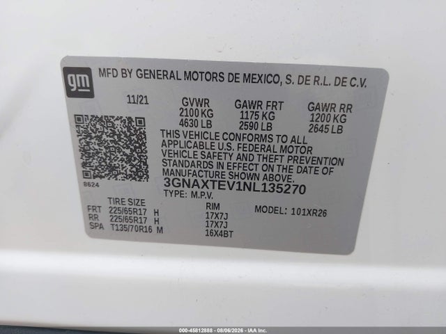 45812888 :رقم المزاد ، 3GNAXTEV1NL135270 vin ، 2022 Chevrolet Equinox Awd 2fl مزاد بيع