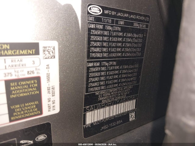 2019 Land Rover Range Rover Sport Hse მანქანა იყიდება აუქციონზე, vin: SALWR2RV7KA832581, აუქციონის ნომერი: 45812890