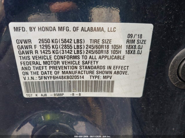 2019 Honda Pilot Ex-l მანქანა იყიდება აუქციონზე, vin: 5FNYF6H48KB020514, აუქციონის ნომერი: 45812909
