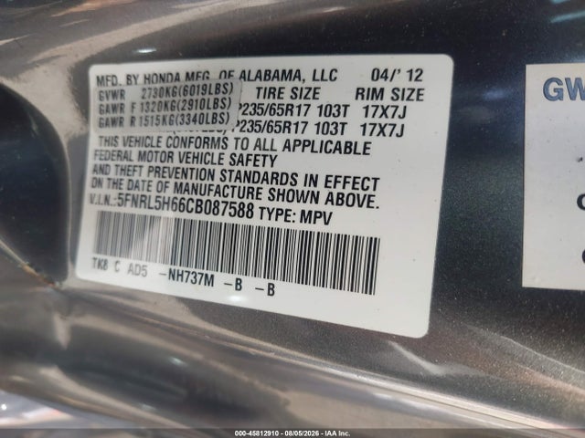 45812910 :رقم المزاد ، 5FNRL5H66CB087588 vin ، 2012 Honda Odyssey Ex-l مزاد بيع