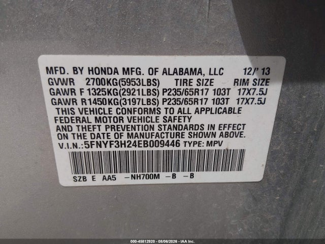 5FNYF3H24EB009446 Honda PILOT LX