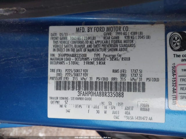 45812945 :رقم المزاد ، 3FAHP0HA8BR335088 vin ، 2011 Ford Fusion Se مزاد بيع