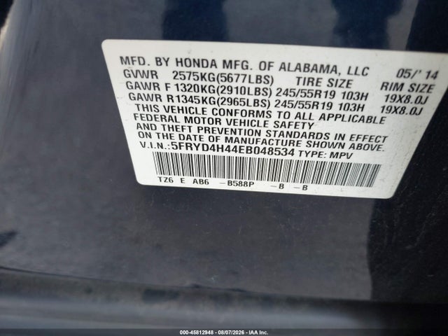 45812948 :رقم المزاد ، 5FRYD4H44EB048534 vin ، 2014 Acura Mdx Technology Package مزاد بيع