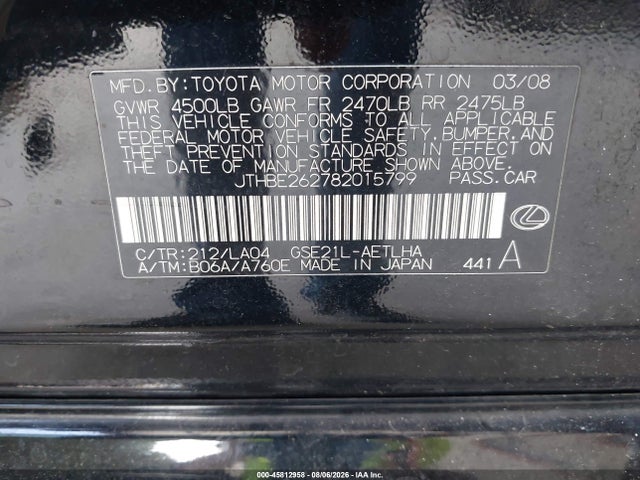 Продажа на аукционе авто 2008 Lexus Is 350, vin: JTHBE262782015799, номер лота: 45812958