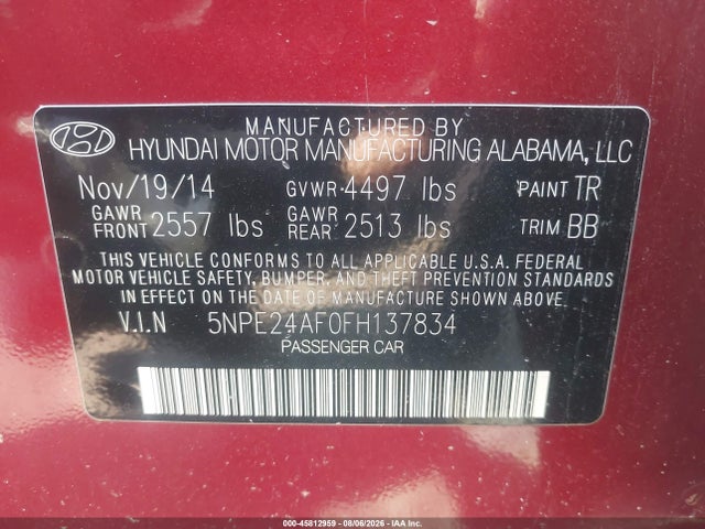 Продажа на аукционе авто 2015 Hyundai Sonata Se, vin: 5NPE24AF0FH137834, номер лота: 45812959