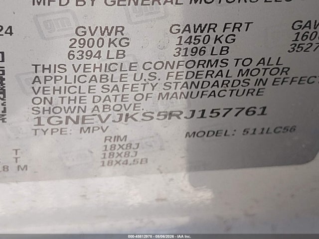 45812978 :رقم المزاد ، 1GNEVJKS5RJ157761 vin ، 2024 Chevrolet Traverse Awd Z71 مزاد بيع