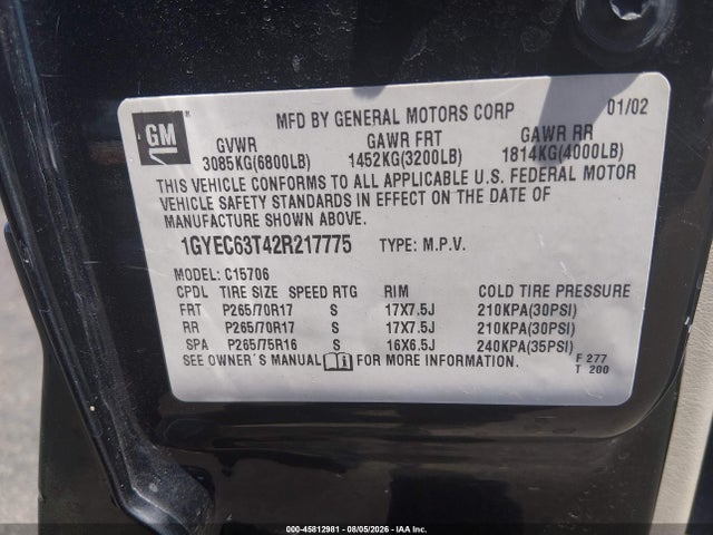 Продаж на аукціоні авто 2002 Cadillac Escalade Standard, vin: 1GYEC63T42R217775, номер лоту: 45812981