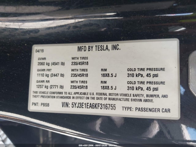 Tesla MODEL 3 2019 5YJ3E1EA6KF316755 Image 9
