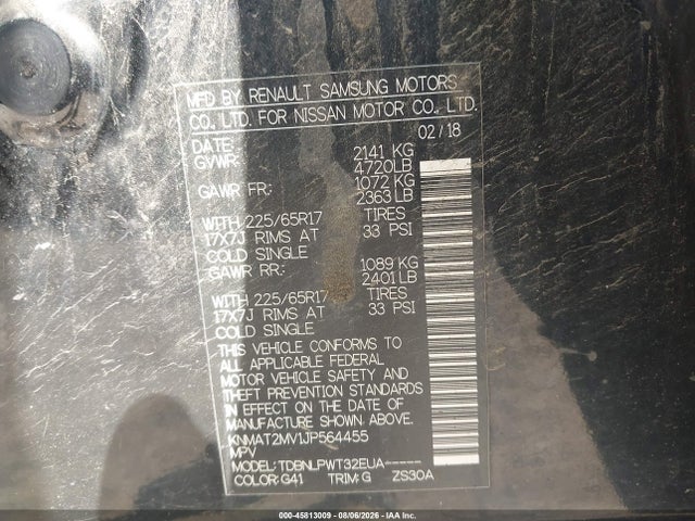 2018 Nissan Rogue S მანქანა იყიდება აუქციონზე, vin: KNMAT2MV1JP564455, აუქციონის ნომერი: 45813009