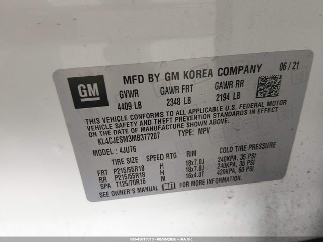 Продаж на аукціоні авто 2021 Buick Encore Awd Preferred, vin: KL4CJESM3MB377207, номер лоту: 45813019