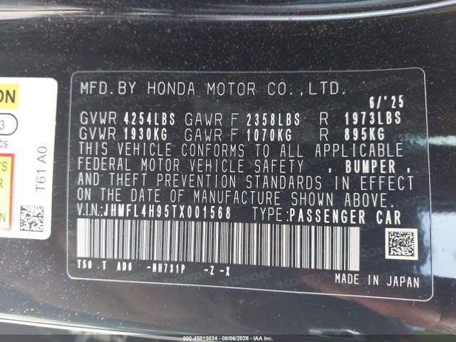 45813024 :رقم المزاد ، JHMFL4H95TX001568 vin ، 2026 Honda Civic Hybrid Sport Touring مزاد بيع
