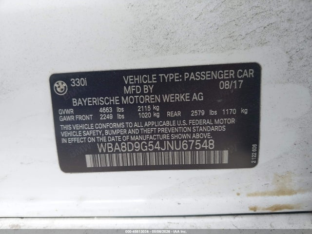 2018 Bmw 330i Xdrive მანქანა იყიდება აუქციონზე, vin: WBA8D9G54JNU67548, აუქციონის ნომერი: 45813036