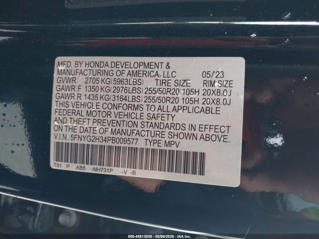 45813038 :رقم المزاد ، 5FNYG2H34PB009577 vin ، 2023 Honda Pilot 2wd Sport مزاد بيع