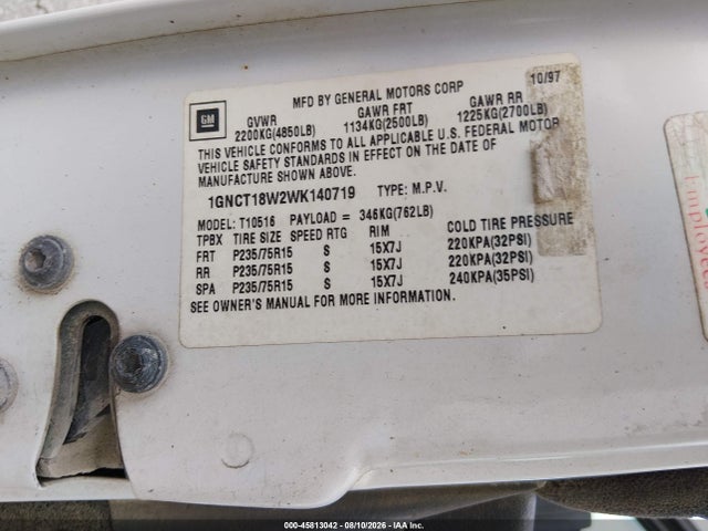 Aukcja sprzedaży 1998 Chevrolet Blazer Ls, vin: 1GNCT18W2WK140719, numer aukcji: 45813042