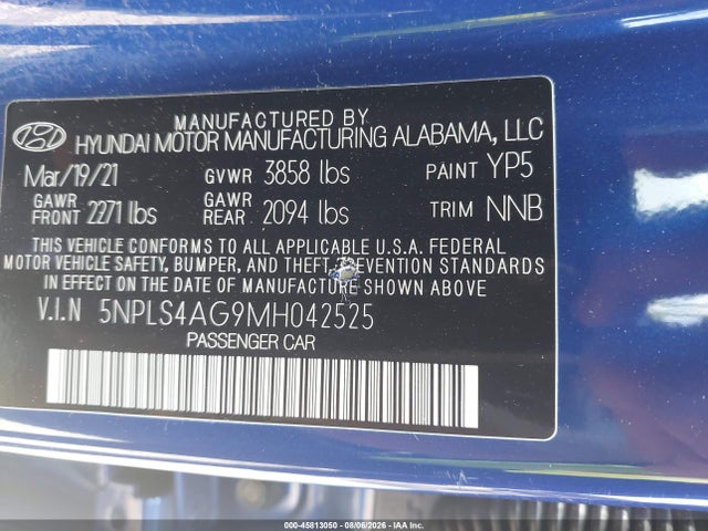 Продаж на аукціоні авто 2021 Hyundai Elantra Sel, vin: 5NPLS4AG9MH042525, номер лоту: 45813050