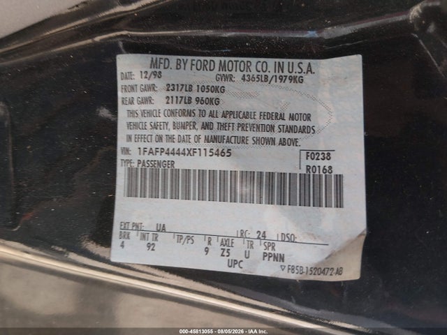 Продажа на аукционе авто 1999 Ford Mustang, vin: 1FAFP4444XF115465, номер лота: 45813055