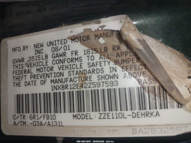 Aukcja sprzedaży 2002 Toyota Corolla Ce, vin: 1NXBR12E42Z597593, numer aukcji: 45813057