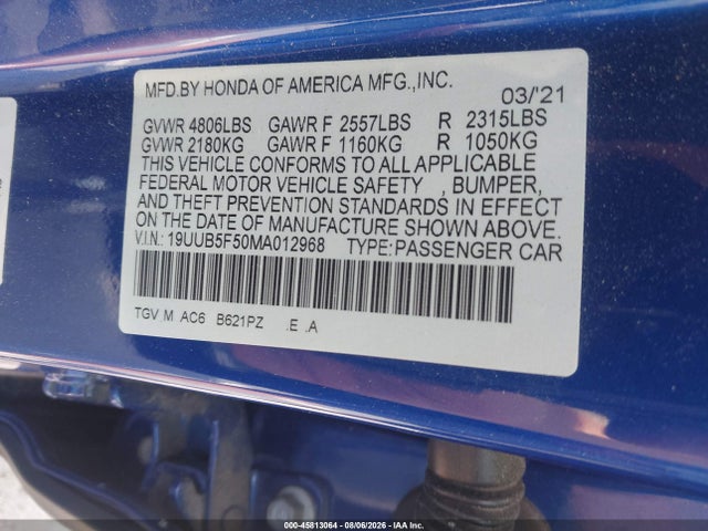 Продаж на аукціоні авто 2021 Acura Tlx A-spec Package, vin: 19UUB5F50MA012968, номер лоту: 45813064