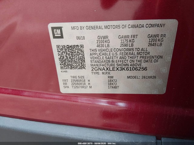Продаж на аукціоні авто 2019 Chevrolet Equinox Lt, vin: 2GNAXLEX3K6106256, номер лоту: 45813070