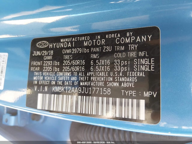 2018 Hyundai Kona Se მანქანა იყიდება აუქციონზე, vin: KM8K12AA9JU177158, აუქციონის ნომერი: 45813080