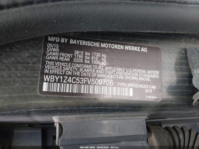 45813089 :رقم المزاد ، WBY1Z4C53FV500706 vin ، 2015 Bmw I3 Base W/range Extender مزاد بيع