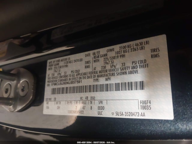 45813094 :رقم المزاد ، 1FMCU9J90NUB57591 vin ، 2022 Ford Escape Titanium مزاد بيع