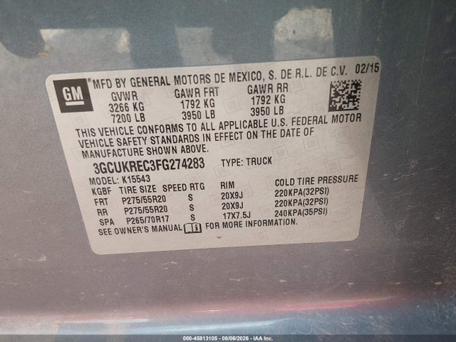 Продаж на аукціоні авто 2015 Chevrolet Silverado 1500 Lt, vin: 3GCUKREC3FG274283, номер лоту: 45813105