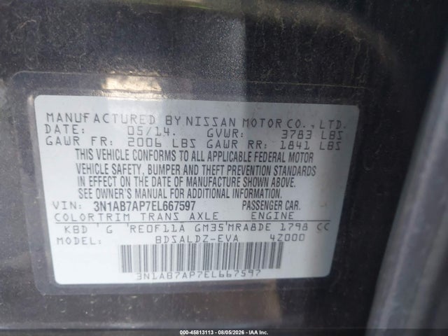 3N1AB7AP7EL667597 Nissan Sentra Fe+ S/fe+ Sv/s/sl/sr/sv