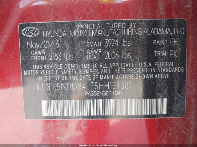 Продаж на аукціоні авто 2017 Hyundai Elantra Limited, vin: 5NPD84LF5HH154381, номер лоту: 45813112