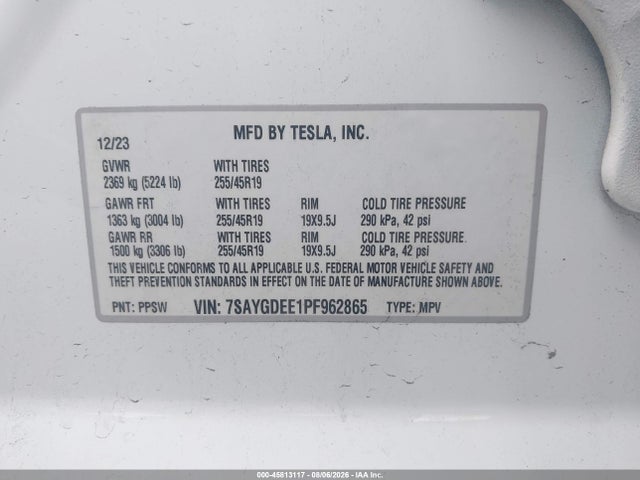 Продаж на аукціоні авто 2023 Tesla Model Y Awd/long Range Dual Motor All-wheel Drive, vin: 7SAYGDEE1PF962865, номер лоту: 45813117