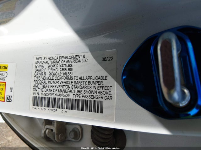 Продаж на аукціоні авто 2022 Honda Accord Sport, vin: 1HGCV1F3XNA075829, номер лоту: 45813122