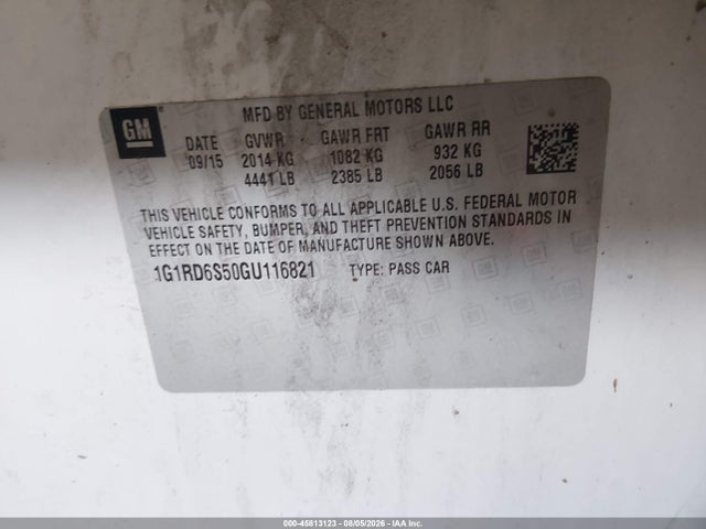 45813123 :رقم المزاد ، 1G1RD6S50GU116821 vin ، 2016 Chevrolet Volt Premier مزاد بيع