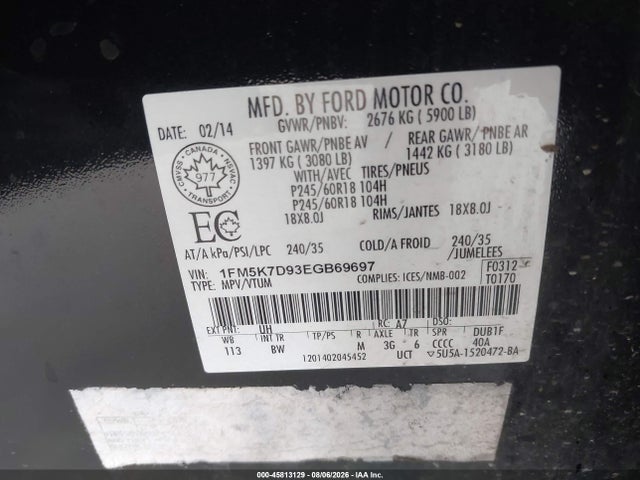 Ford EXPLORER XLT 2014 1FM5K7D93EGB69697 Image 9