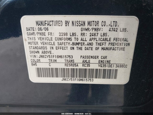 2006 Infiniti G35x მანქანა იყიდება აუქციონზე, vin: JNKCV51F16M615753, აუქციონის ნომერი: 45813151