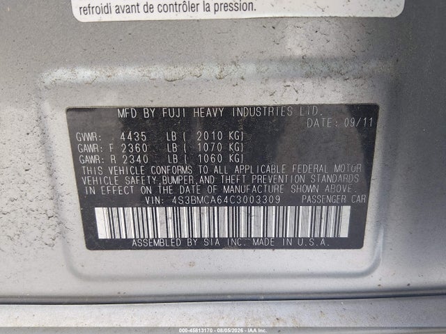 45813170 :رقم المزاد ، 4S3BMCA64C3003309 vin ، 2012 Subaru Legacy 2.5i مزاد بيع