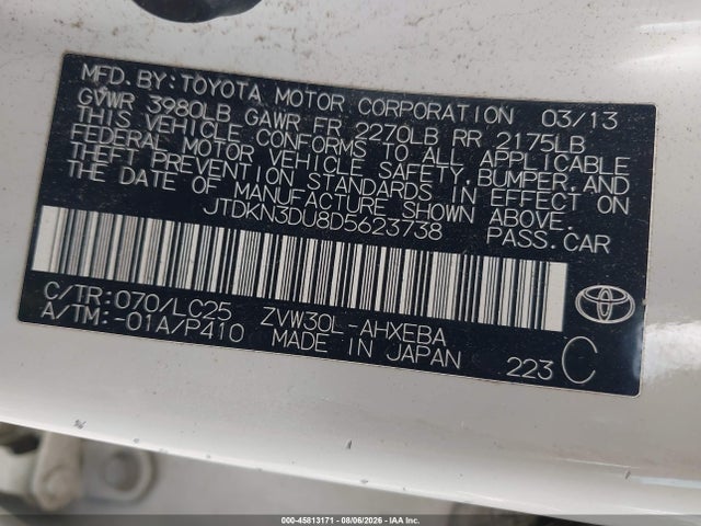 45813171 :رقم المزاد ، JTDKN3DU8D5623738 vin ، 2013 Toyota Prius Three Se مزاد بيع