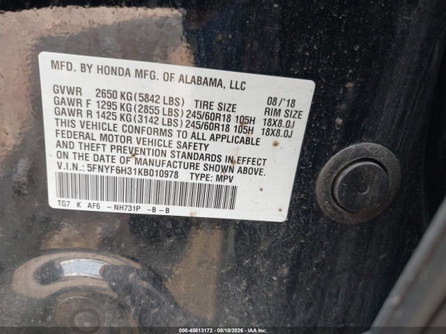 5FNYF6H31KB010978 Honda Pilot Ex