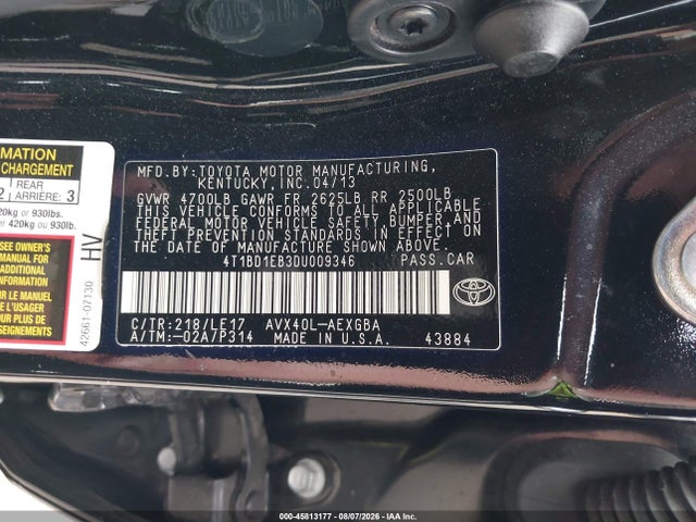 Aukcja sprzedaży 2013 Toyota Avalon Hybrid Xle Touring, vin: 4T1BD1EB3DU009346, numer aukcji: 45813177