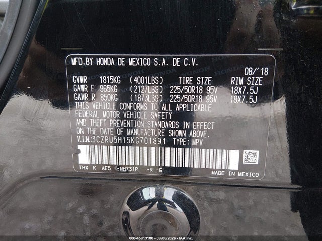 Продажа на аукционе авто 2019 Honda Hr-v Sport, vin: 3CZRU5H15KG701891, номер лота: 45813180