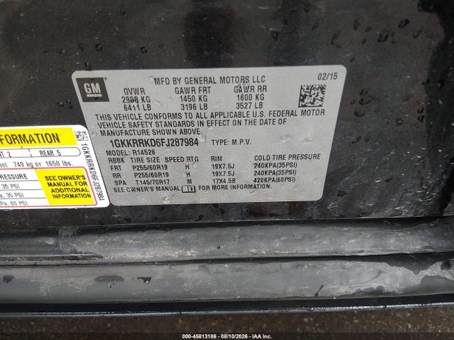 Продажа на аукционе авто 2015 Gmc Acadia Slt-1, vin: 1GKKRRKD6FJ287984, номер лота: 45813186