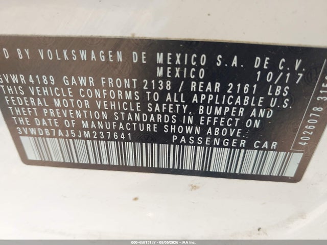 2018 Volkswagen Jetta 1.4t Se/1.4t Wolfsburg Edition მანქანა იყიდება აუქციონზე, vin: 3VWDB7AJ5JM237641, აუქციონის ნომერი: 45813187