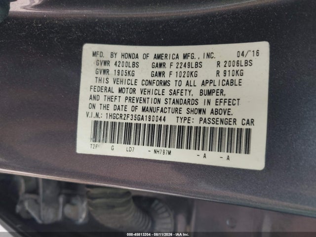 Продажа на аукционе авто 2016 Honda Accord Lx, vin: 1HGCR2F35GA190044, номер лота: 45813204