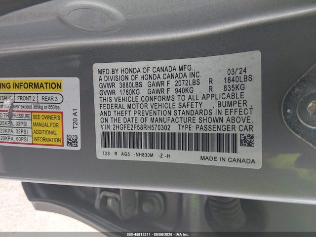 Honda Civic Sport 2024 2HGFE2F58RH570302 Image 9