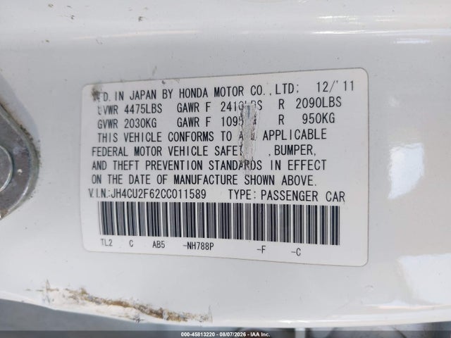 Продажа на аукционе авто 2012 Acura Tsx 2.4, vin: JH4CU2F62CC011589, номер лота: 45813220