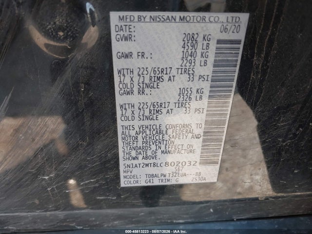 45813223 :رقم المزاد ، 5N1AT2MT8LC802032 vin ، 2020 Nissan Rogue S Fwd مزاد بيع